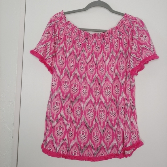 Crown & Ivy Modal Pink Ikat Off The Shoulder Fringe Hem Top 2X Vacation - Picture 9 of 12